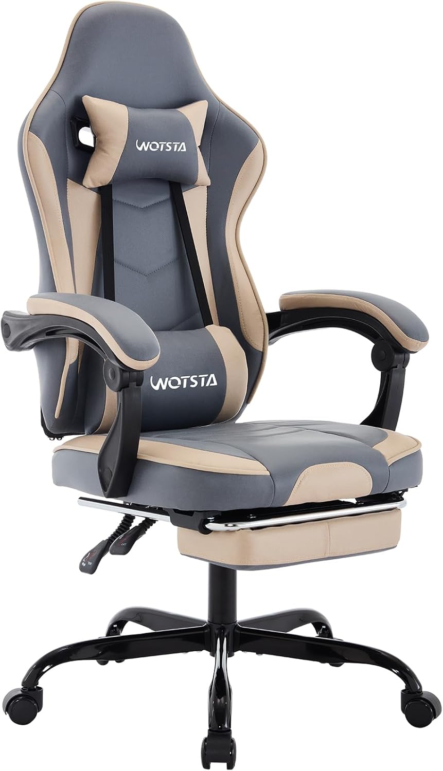 Gaming Chair, Computer Chair, Ergonomic Gaming Chair with Footrest, Office Chair, Ergonomic Computer Chair with Lumbar Support, Blue/Beige