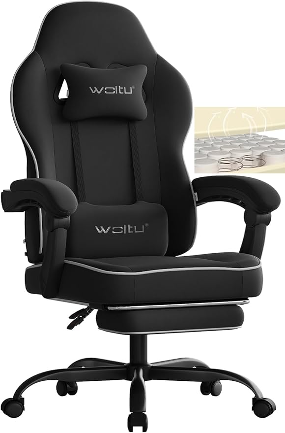 WOLTU Gaming Chair with Pocket Spring Cushion, Gaming Chair 150 kg Load Capacity, Ergonomic Swivel Chair, Gamer Chair with Pillow, Lumbar Cushion, Footrest, Tech Fabric, Black, GS10sz