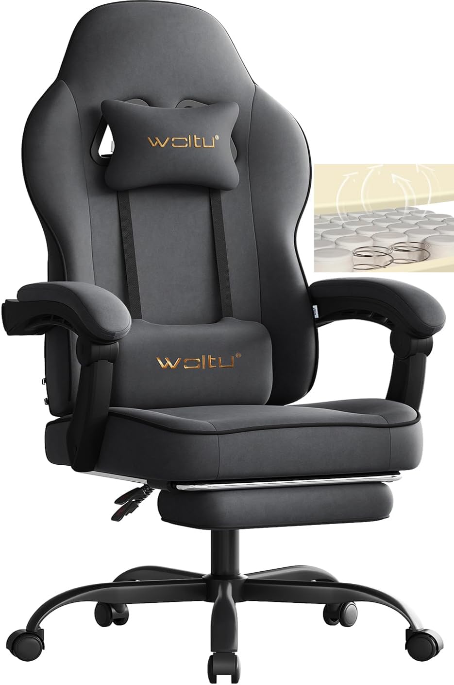 WOLTU Gaming Chair with Pocket Spring Cushion, 150 kg Weight Capacity, Ergonomic Swivel Chair, with Pillow, Lumbar Cushion, Footrest, Tech Fabric/Mesh, Grey, GS10gr