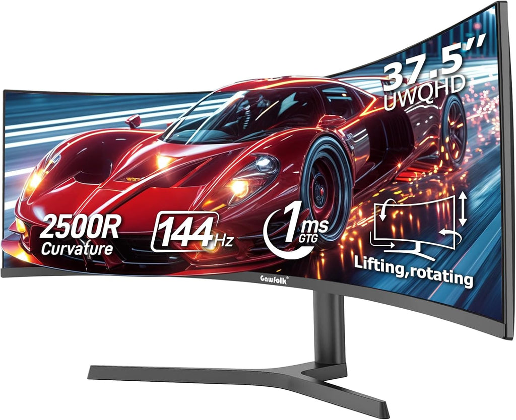 Gawfolk 37.5 Inch Curved Gaming Monitor, 2500R PC Screen 144Hz UWQHD 3840 x 1600, Curved Computer Screen with FreeSync and Eye Care Technology, DP, HDMI