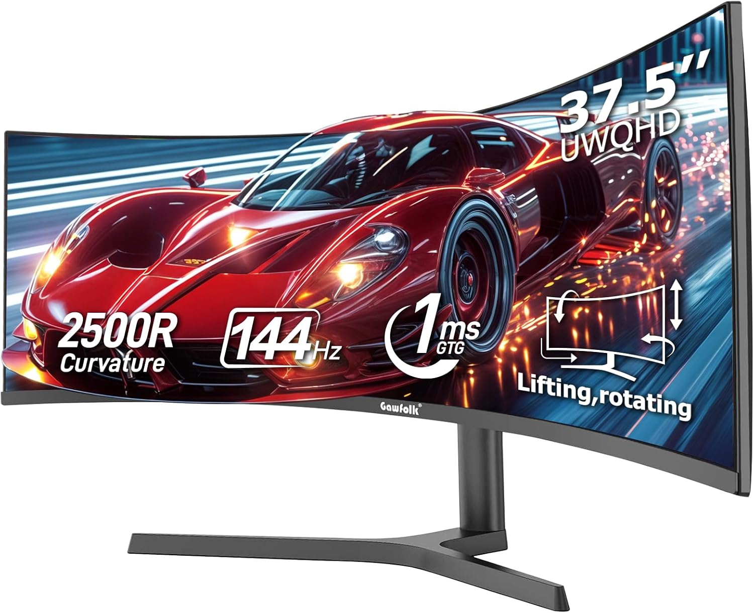 Gawfolk 37.5 Inch Curved Gaming Monitor, 2500R PC Screen 144Hz UWQHD 3840 x 1600, Curved Computer Screen with FreeSync and Eye Care Technology, DP, HDMI