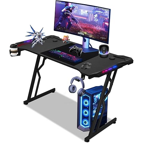 ODK 120 x 50 cm Gaming Table with LED & Socket, Gaming Desk with Cup Holder and Headphone Hook, Double Z-Frame Design, Small Computer Desk, Carbon Fibre Black