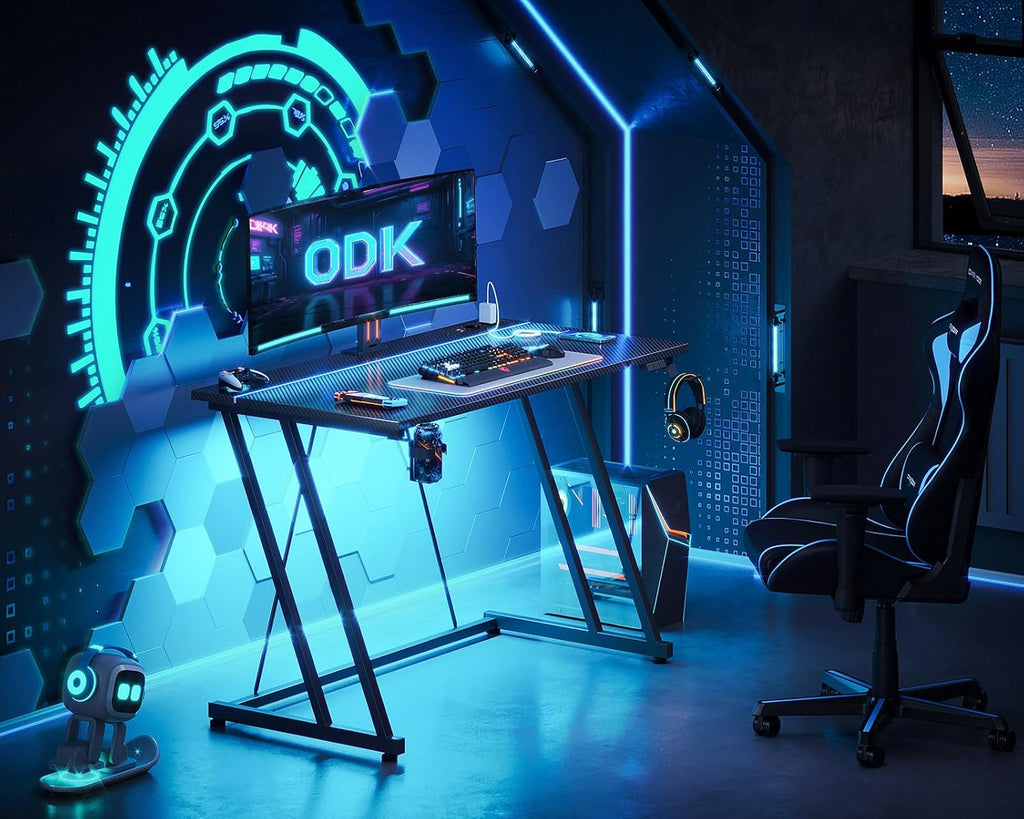 ODK 100 x 50 cm Gaming Table with LED & Socket, Gaming Desk with Cup Holder and Headphone Hook, Double Z-Frame Design, Small Computer Desk, Carbon Fibre Black