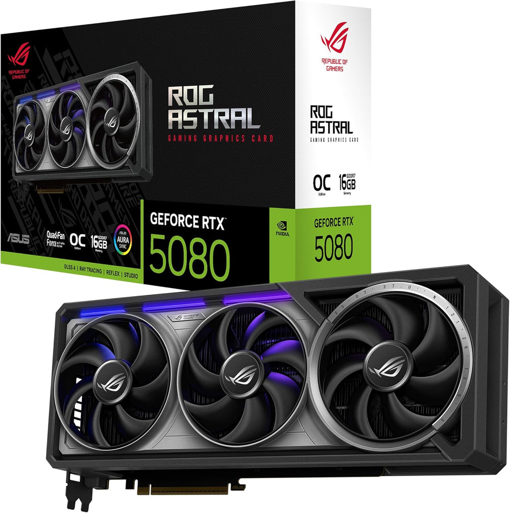 ASUS ROG Astral GeForce RTX 5080 16GB GDDR7 OC Edition Gaming Graphics Card (Nvidia GeForce RTX5080, Four Fans, PCIe 5.0, 2X HDMI 2.1b, 3X DisplayPort 2.1a, ROG-ASTRAL-RTX5080-O16G-GAMING)
