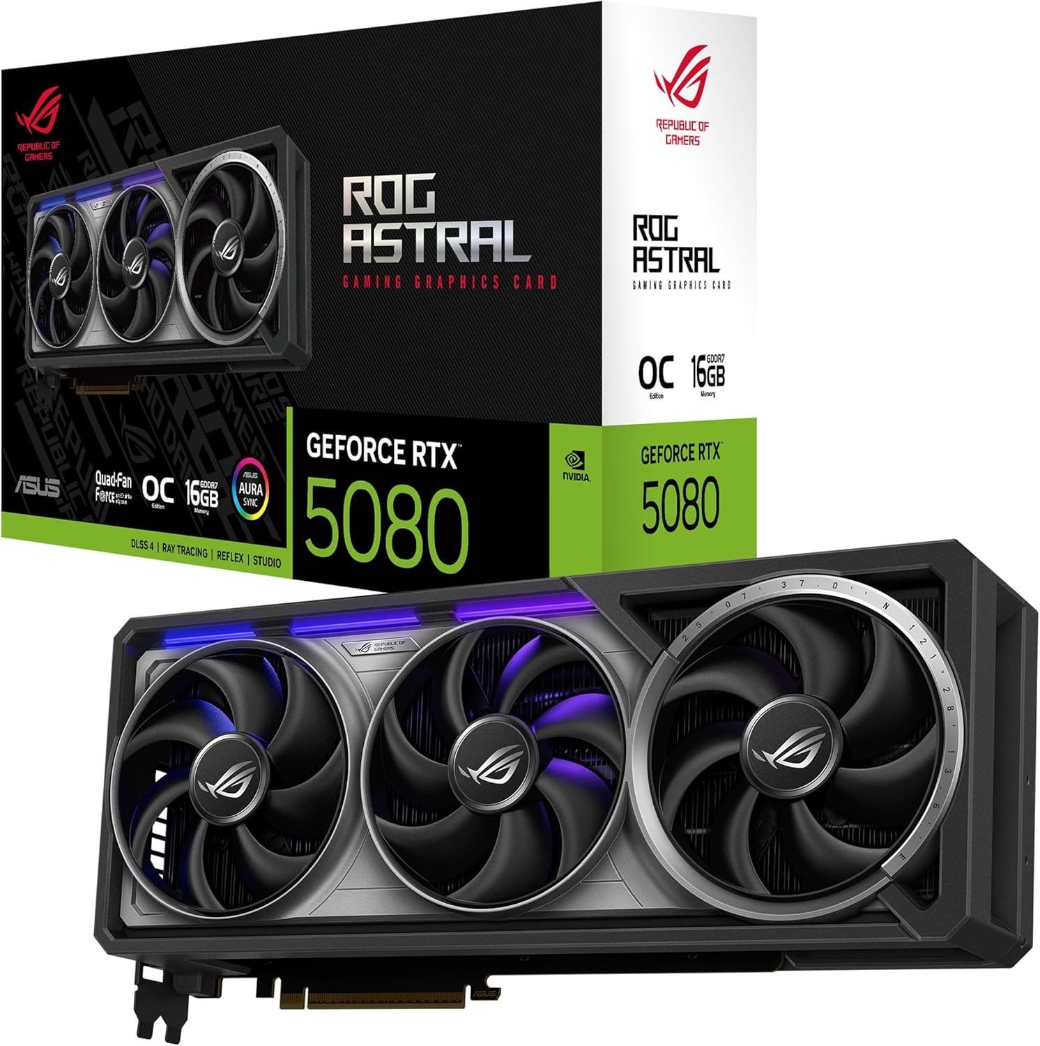 ASUS ROG Astral GeForce RTX 5080 16GB GDDR7 OC Edition Gaming Graphics Card (Nvidia GeForce RTX5080, Four Fans, PCIe 5.0, 2X HDMI 2.1b, 3X DisplayPort 2.1a, ROG-ASTRAL-RTX5080-O16G-GAMING)