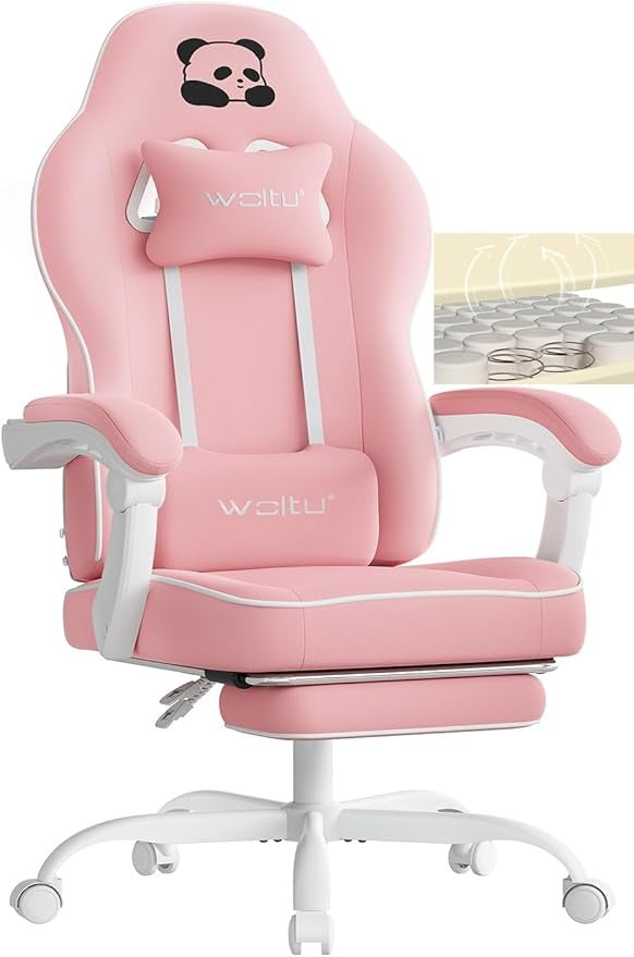 WOLTU Gaming Chair with Pocket Spring Cushion, Gaming Chair 150 kg Load Capacity, Ergonomic Swivel Chair, Gamer Chair with Pillow, Lumbar Cushion, Footrest, Tech Fabric, Black, GS10sz