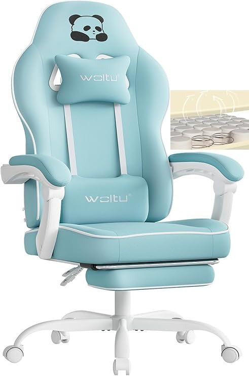 WOLTU Gaming Chair with Pocket Spring Cushion, 150 kg Weight Capacity, Ergonomic Swivel Chair, with Pillow, Lumbar Cushion, Footrest, Tech Fabric/Mesh, Grey, GS10gr
